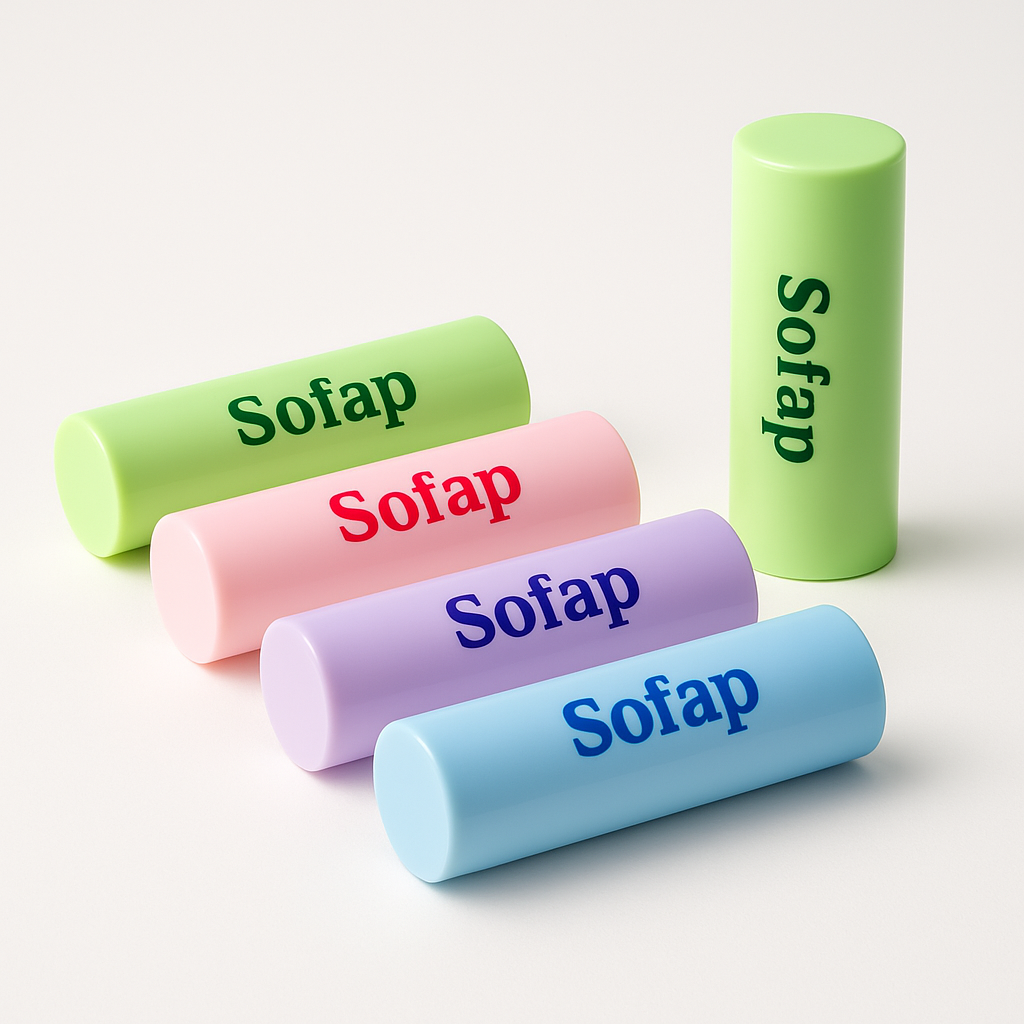 Four colorful cylindrical erasers with 'Sofap' branding on a light gray background